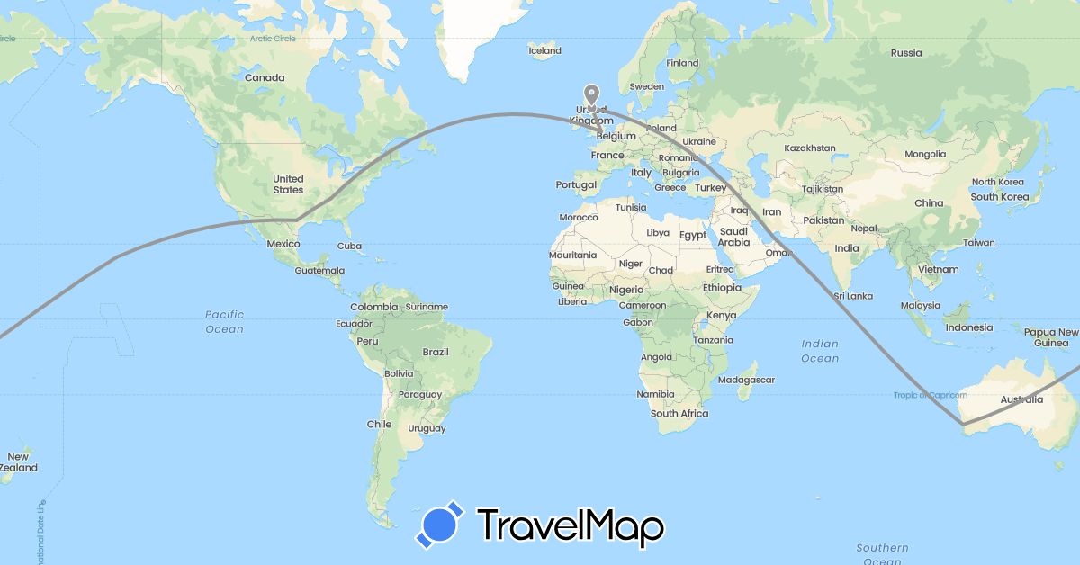 TravelMap itinerary: driving, plane in United Arab Emirates, Australia, United Kingdom, United States (Asia, Europe, North America, Oceania)